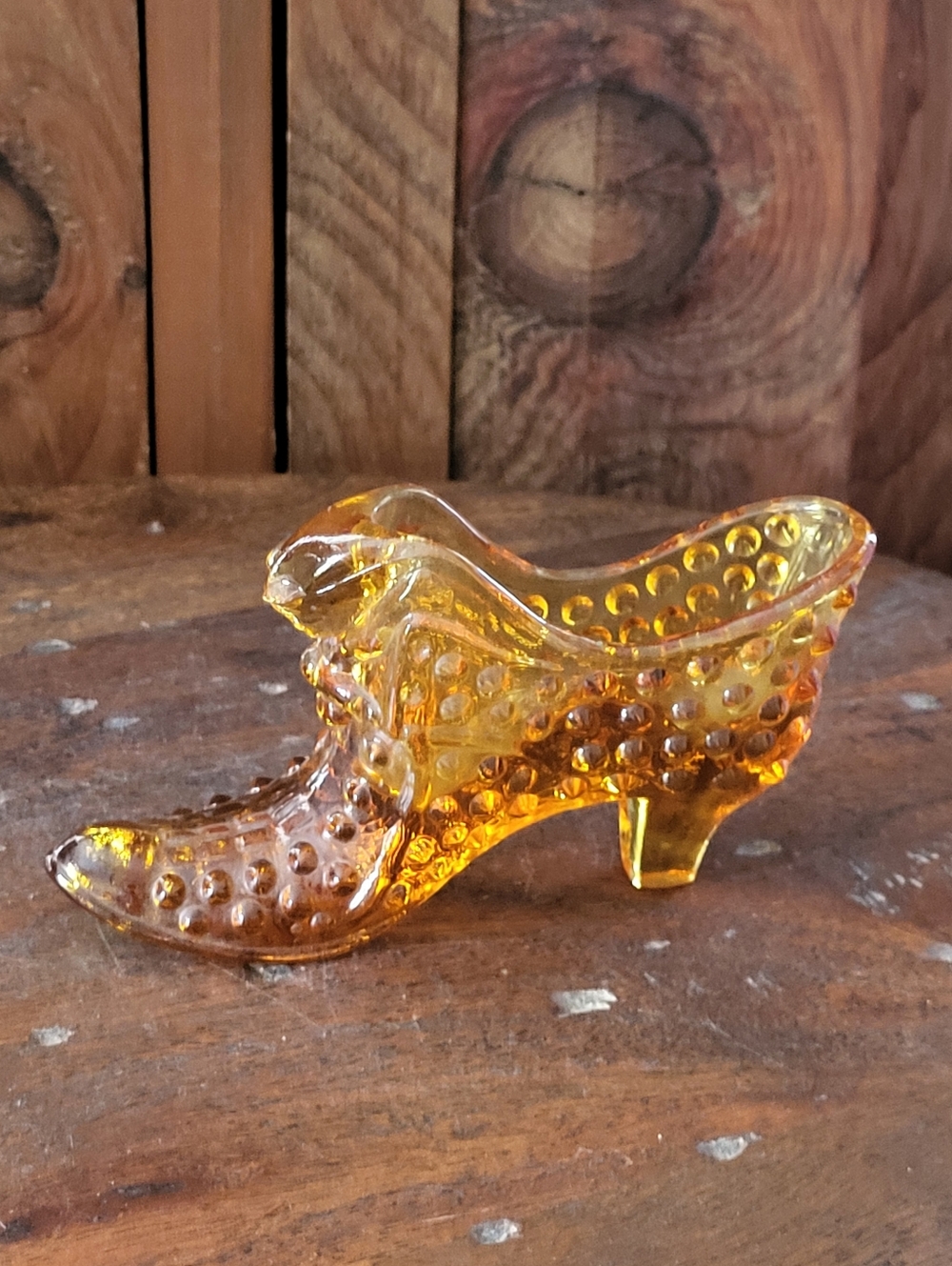 Amber Glass Hobnail Shoe Figurine